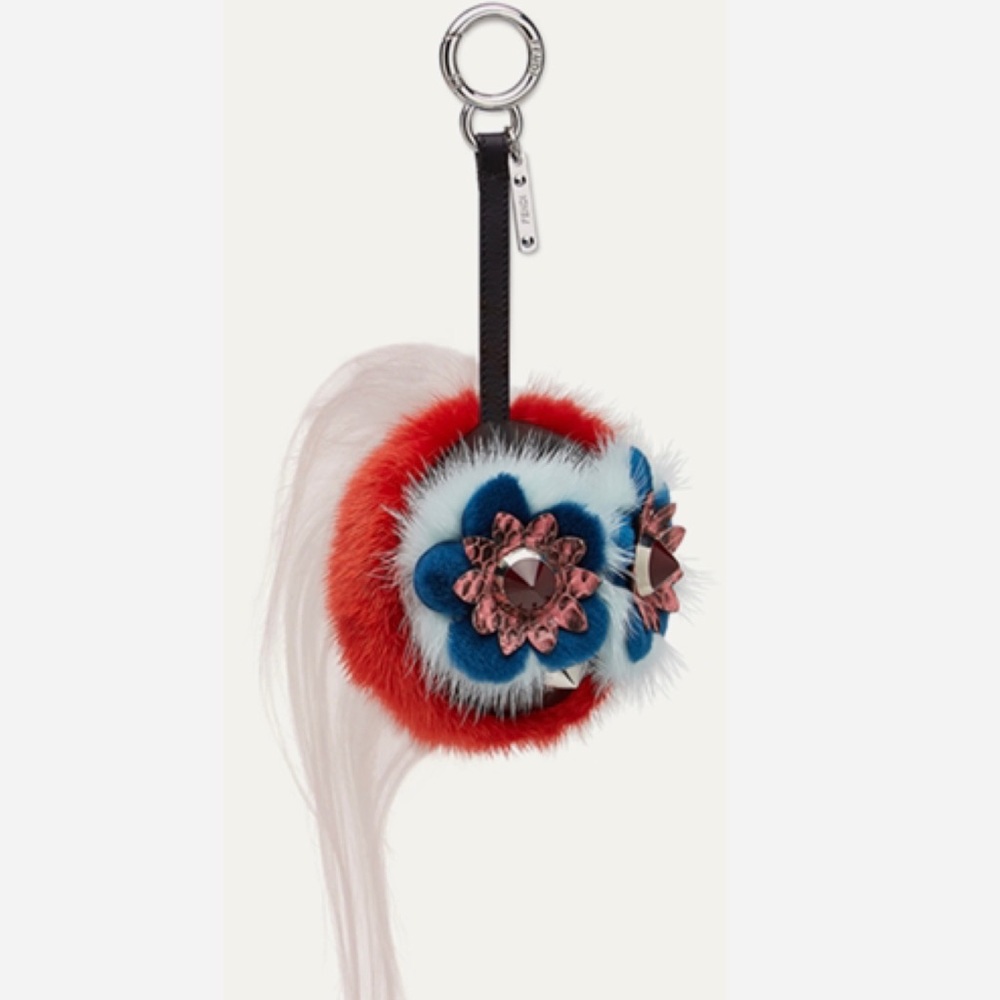 Authentic FENDI Blossy Fur Bag Bugs Bag Charm Strawberry Red/Blue
